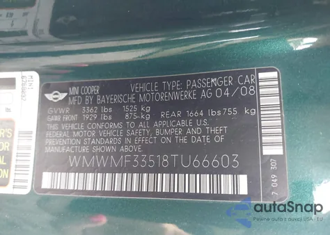 2008 Mini Cooper из США, поврежденный, VIN WMWMF33518TU66603